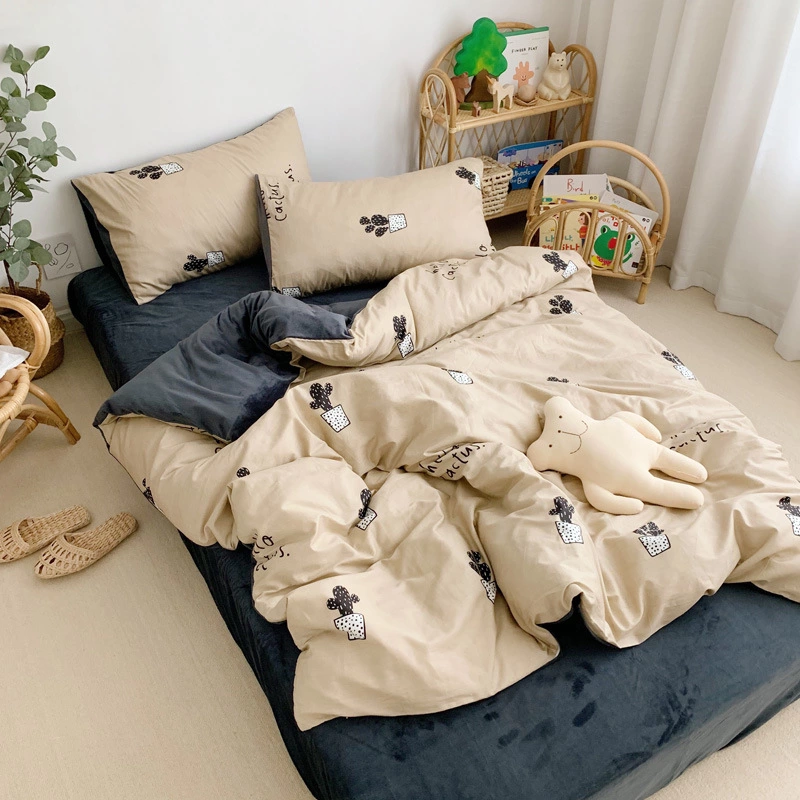 Warm four-piece cotton pure cotton simple crystal coral velvet bed sheet quilt cover bed hat three-piece bedding