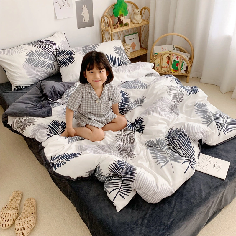 Warm four-piece cotton pure cotton simple crystal coral velvet bed sheet quilt cover bed hat three-piece bedding