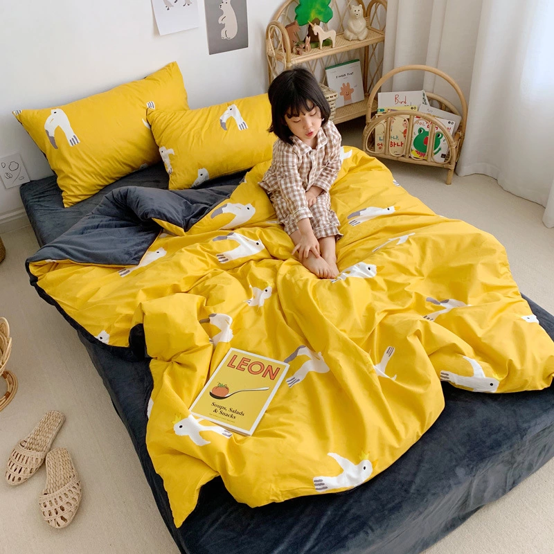 Warm four-piece cotton pure cotton simple crystal coral velvet bed sheet quilt cover bed hat three-piece bedding