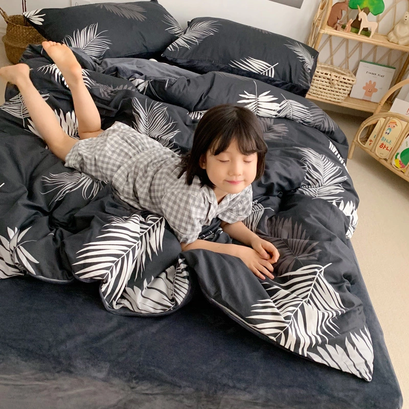 Warm four-piece cotton pure cotton simple crystal coral velvet bed sheet quilt cover bed hat three-piece bedding