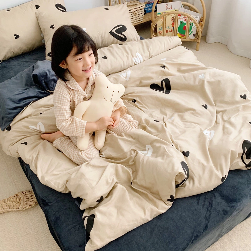 Warm four-piece cotton pure cotton simple crystal coral velvet bed sheet quilt cover bed hat three-piece bedding