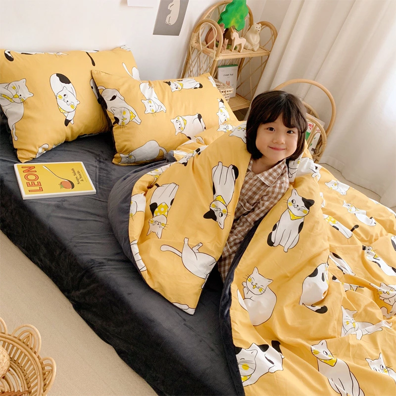 Warm four-piece cotton pure cotton simple crystal coral velvet bed sheet quilt cover bed hat three-piece bedding