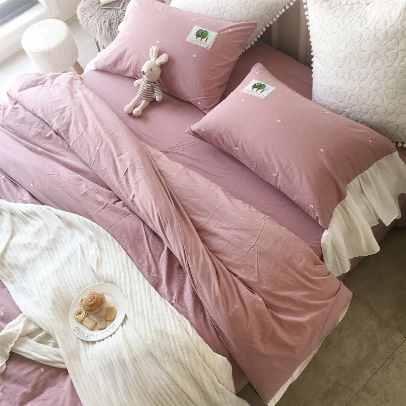 Washed cotton solid color four-piece suit cotton simple double four-piece bedding bed sheet quilt cover