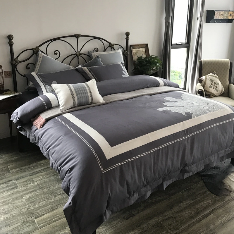60 pieces of brushed cotton four-piece thickened autumn and winter embroidered cotton 1.8m bed solid color simple European-style home textile bedding