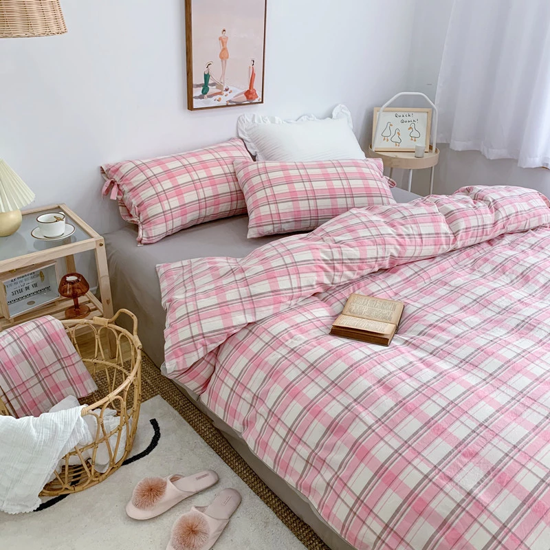 Four-piece plaid bedding cotton cotton girl heart washed cotton bed linen Nordic style summer