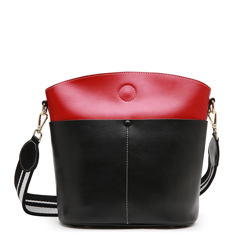 New women's bag bucket bag leather women's bag high-capacity cowhide simple contrast color shoulder diagonal trend female bag