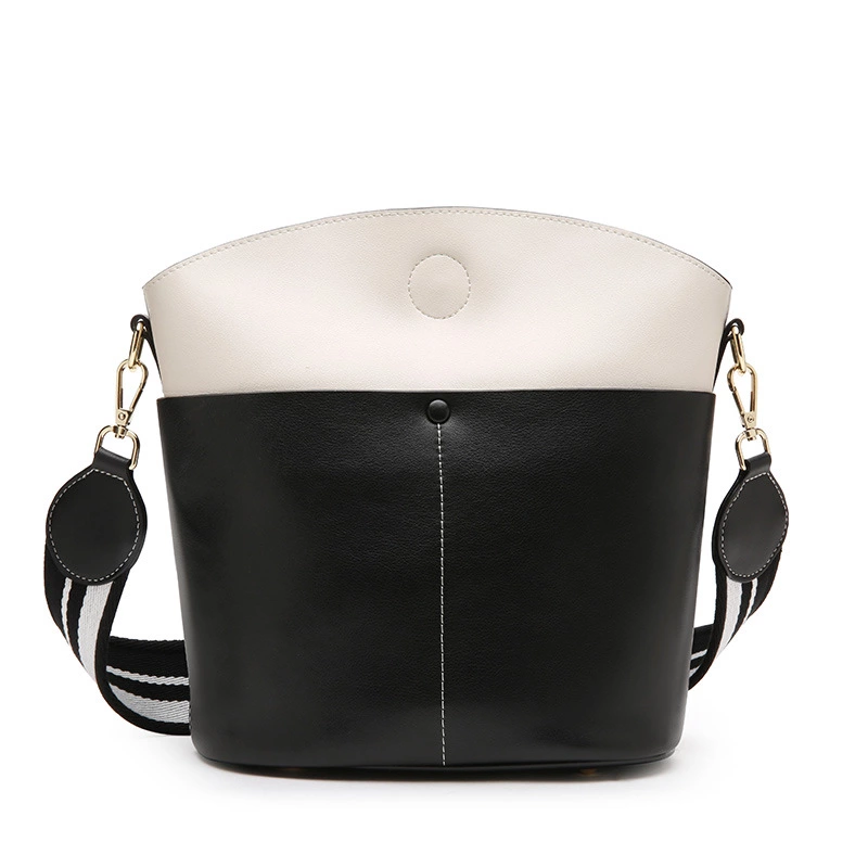 New women's bag bucket bag leather women's bag high-capacity cowhide simple contrast color shoulder diagonal trend female bag