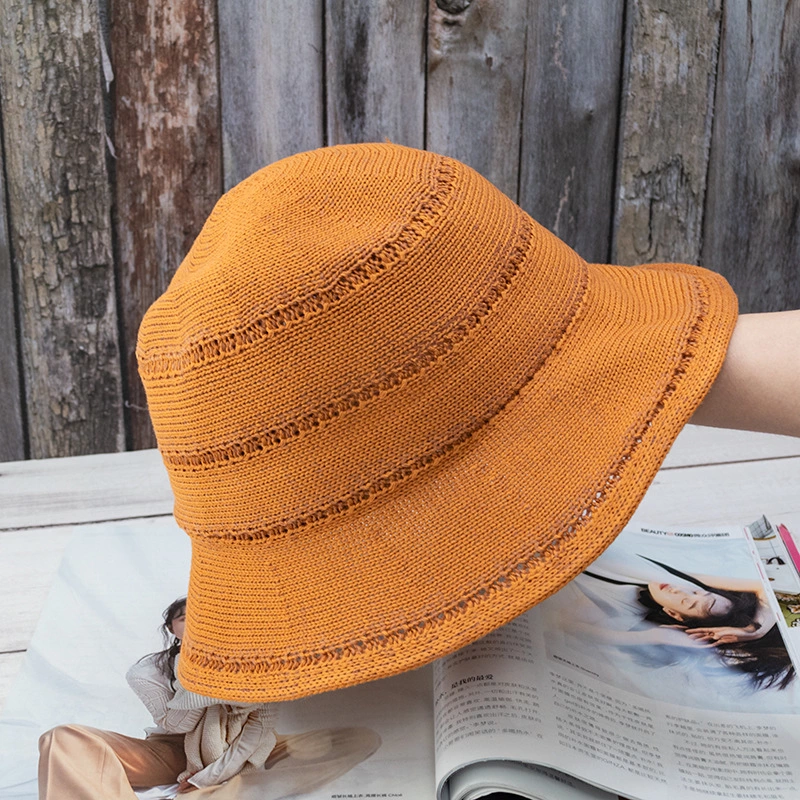 Hat female breathable knitted straw cover fisherman hat Korean tide wild sun hat Japanese hollow solid color basin hat