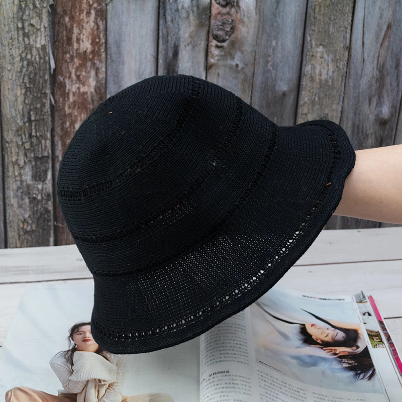 Hat female breathable knitted straw cover fisherman hat Korean tide wild sun hat Japanese hollow solid color basin hat
