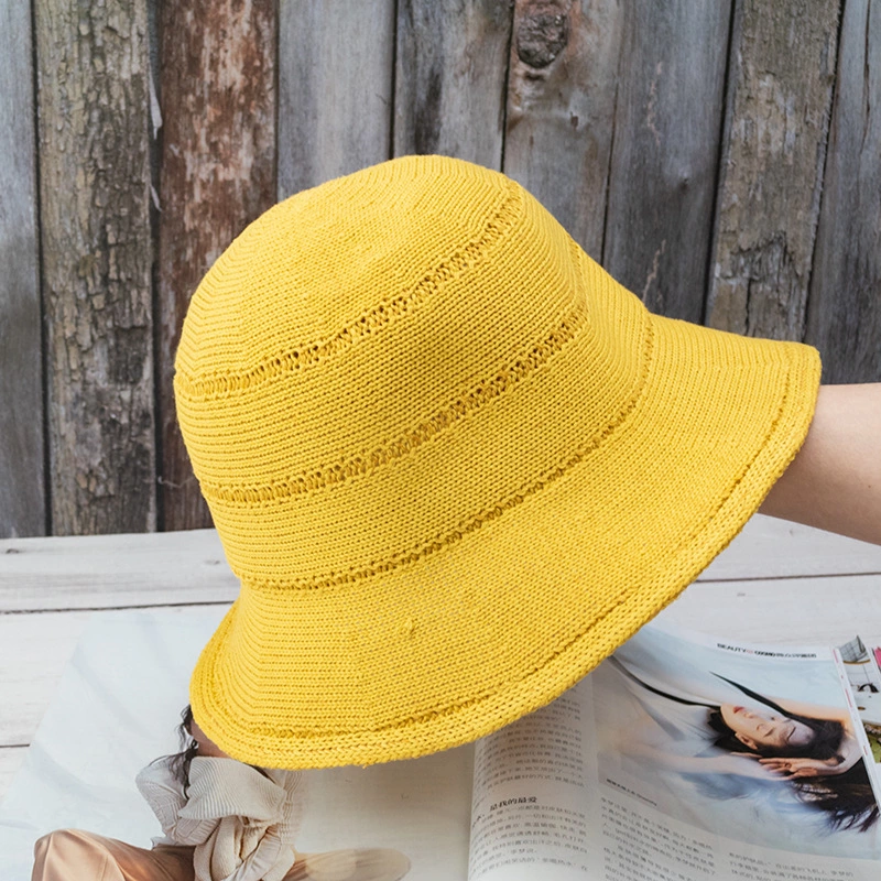 Hat female breathable knitted straw cover fisherman hat Korean tide wild sun hat Japanese hollow solid color basin hat