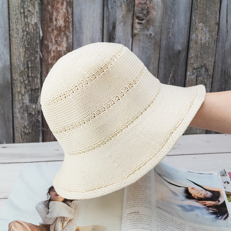 Hat female breathable knitted straw cover fisherman hat Korean tide wild sun hat Japanese hollow solid color basin hat