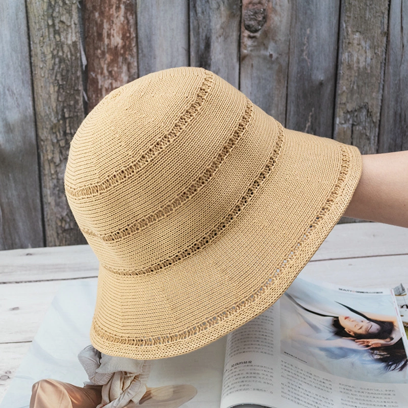 Hat female breathable knitted straw cover fisherman hat Korean tide wild sun hat Japanese hollow solid color basin hat