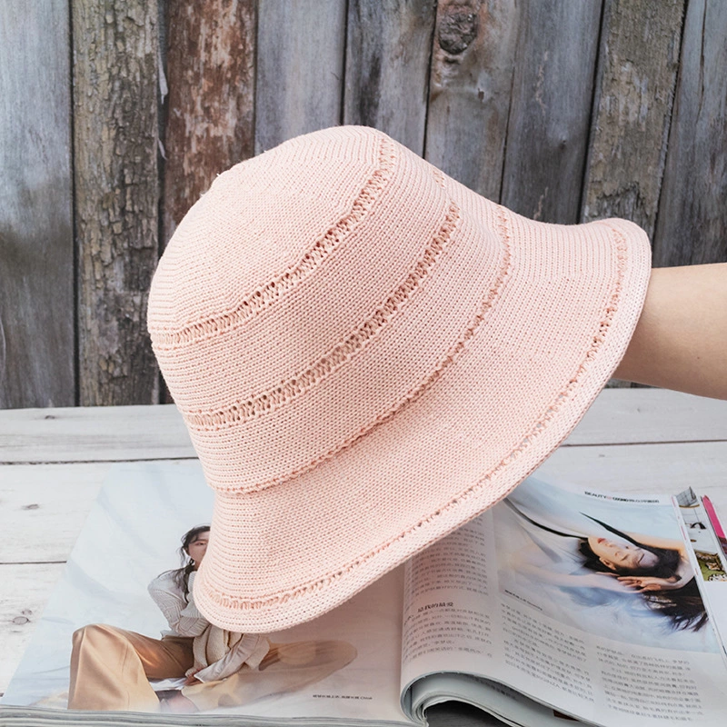 Hat female breathable knitted straw cover fisherman hat Korean tide wild sun hat Japanese hollow solid color basin hat