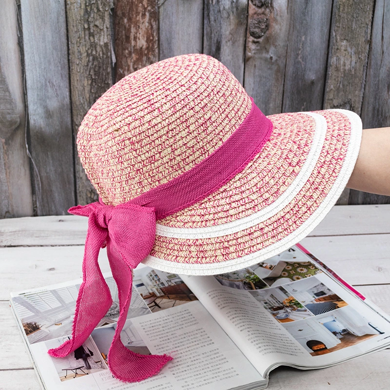 Foldable bow ribbon streamer mixed color woven fisherman hat straw hat summer female travel beach hat