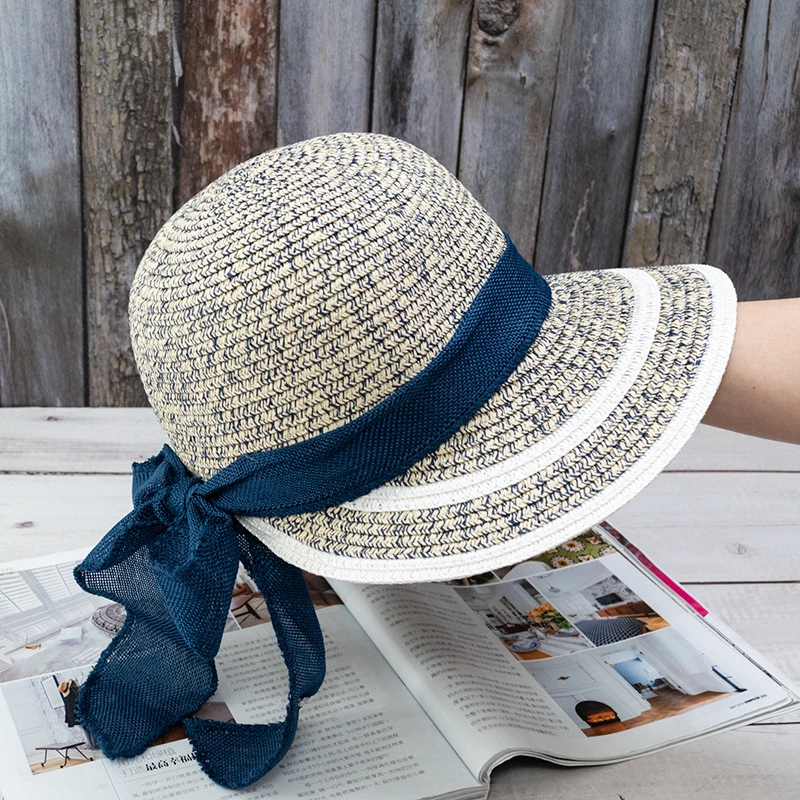 Foldable bow ribbon streamer mixed color woven fisherman hat straw hat summer female travel beach hat