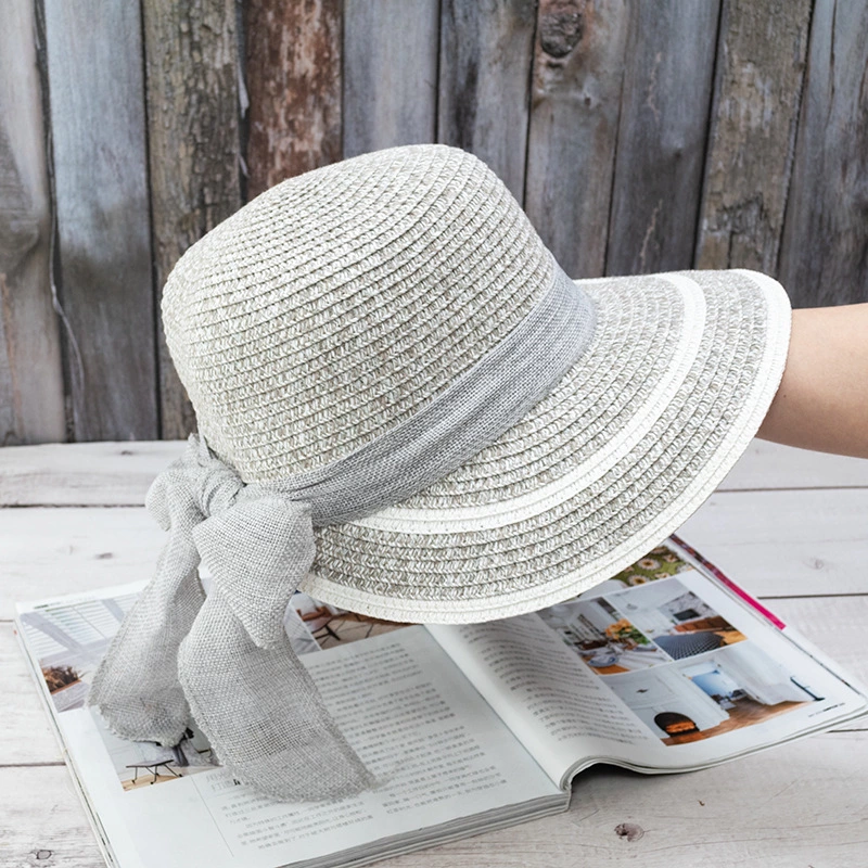 Foldable bow ribbon streamer mixed color woven fisherman hat straw hat summer female travel beach hat