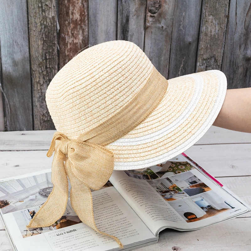 Foldable bow ribbon streamer mixed color woven fisherman hat straw hat summer female travel beach hat