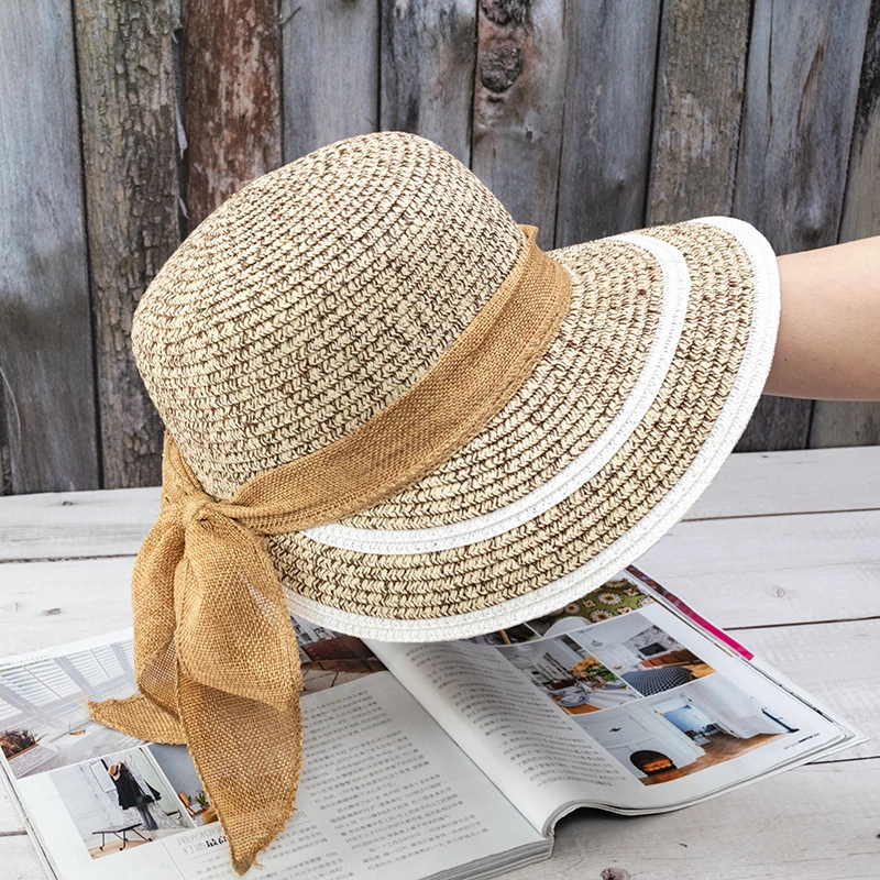 Foldable bow ribbon streamer mixed color woven fisherman hat straw hat summer female travel beach hat