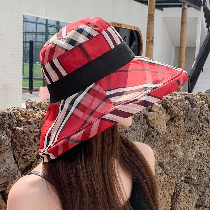 New style hat spring and summer female super large eaves fisherman hat contrast color lattice sun hat double-sided with sun hat travel