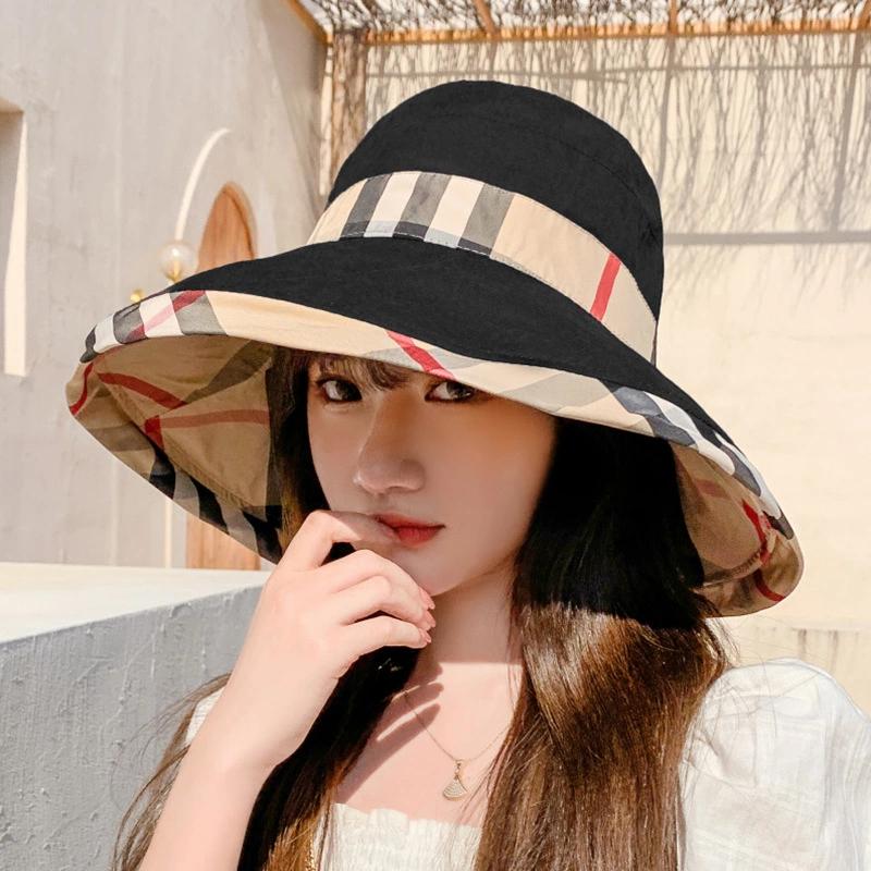 New style hat spring and summer female super large eaves fisherman hat contrast color lattice sun hat double-sided with sun hat travel