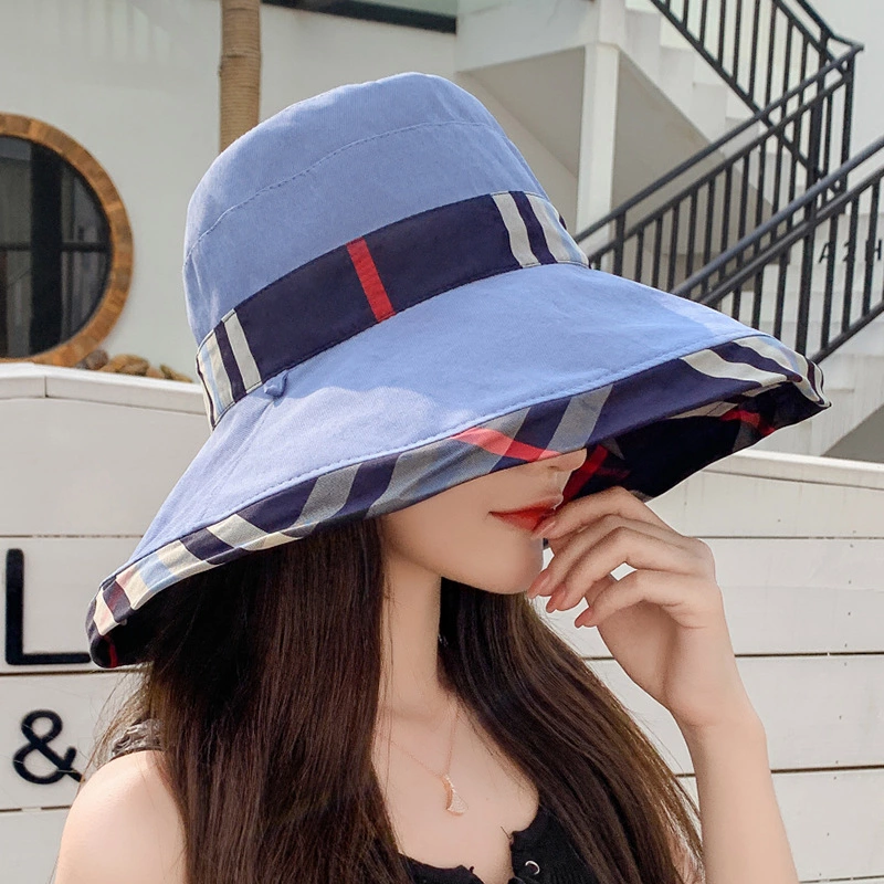 New style hat spring and summer female super large eaves fisherman hat contrast color lattice sun hat double-sided with sun hat travel