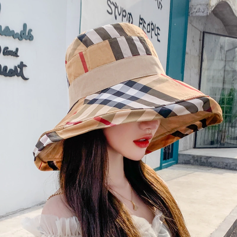 New style hat spring and summer female super large eaves fisherman hat contrast color lattice sun hat double-sided with sun hat travel