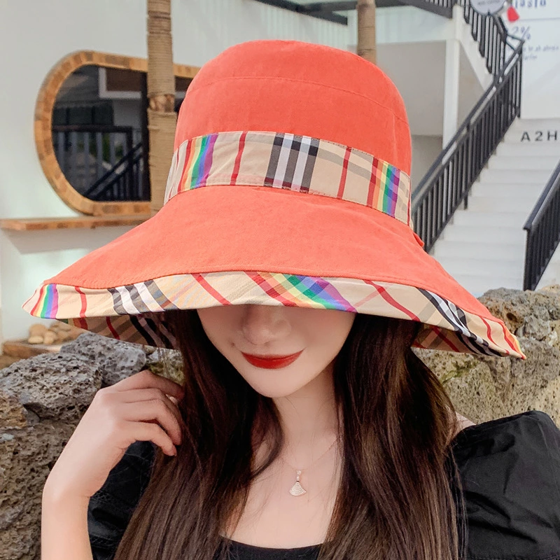 New style hat spring and summer female super large eaves fisherman hat contrast color lattice sun hat double-sided with sun hat travel