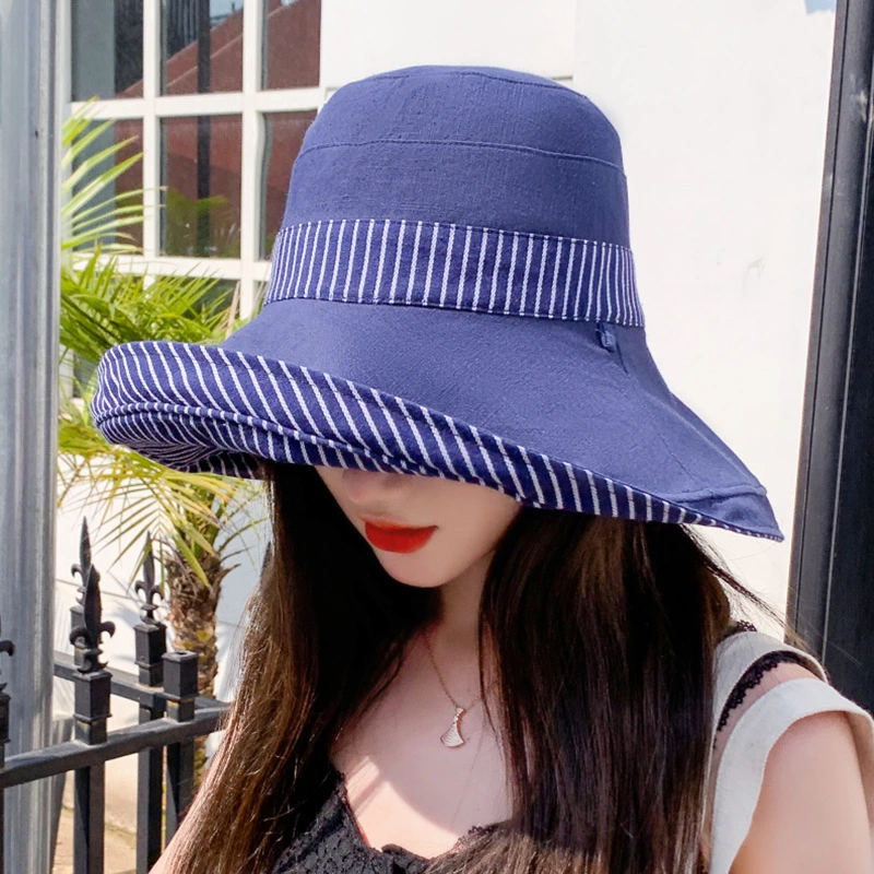 New style hat spring and summer female super large eaves fisherman hat contrast color striped sun hat double-sided with sun hat travel
