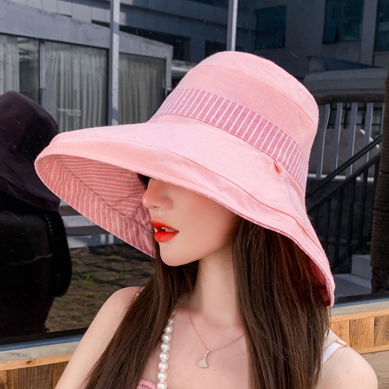 New style hat spring and summer female super large eaves fisherman hat contrast color striped sun hat double-sided with sun hat travel