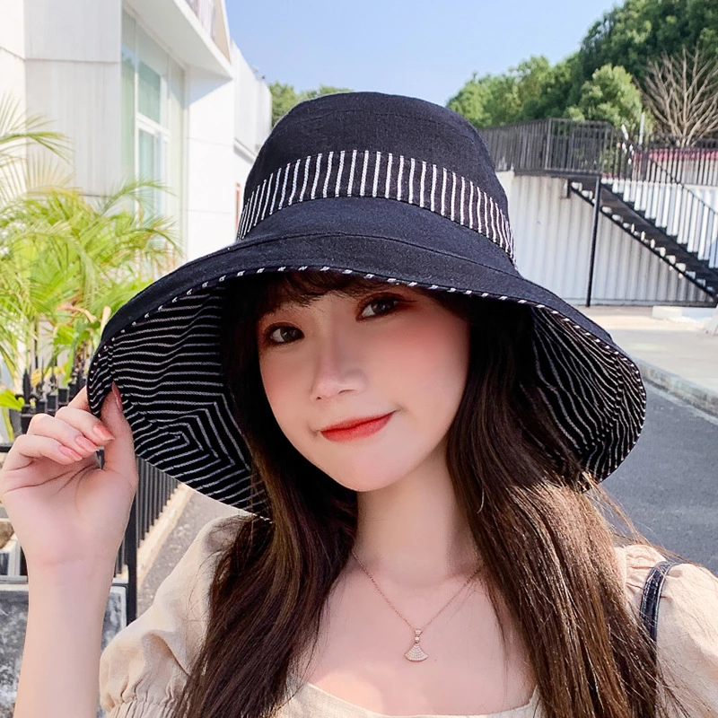 New style hat spring and summer female super large eaves fisherman hat contrast color striped sun hat double-sided with sun hat travel