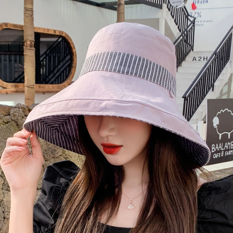 New style hat spring and summer female super large eaves fisherman hat contrast color striped sun hat double-sided with sun hat travel