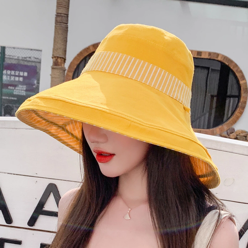 New style hat spring and summer female super large eaves fisherman hat contrast color striped sun hat double-sided with sun hat travel