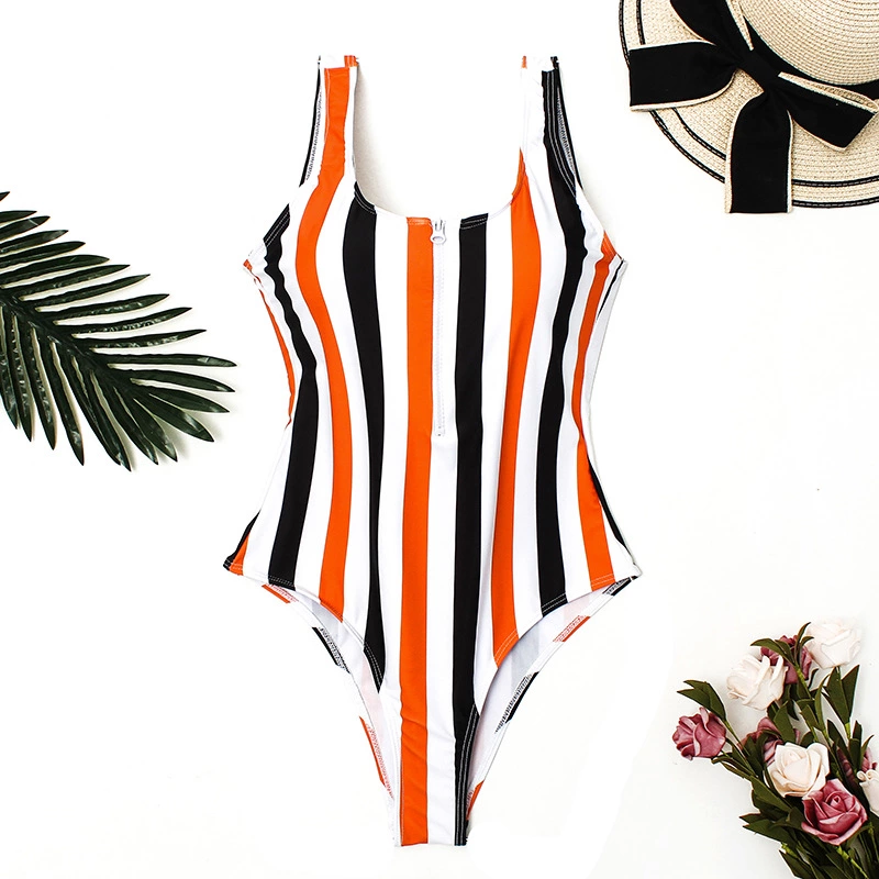 New One-Piece Swimsuit Colorblock Stripe Digital Print Front Zippered One-Piece Swimsuit 26