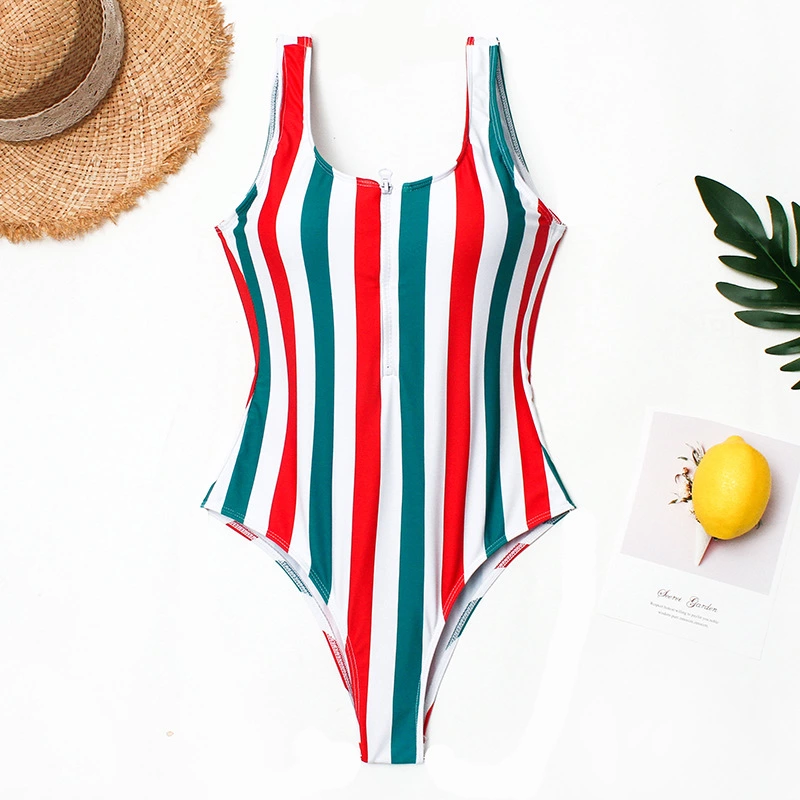 New One-Piece Swimsuit Colorblock Stripe Digital Print Front Zippered One-Piece Swimsuit 26