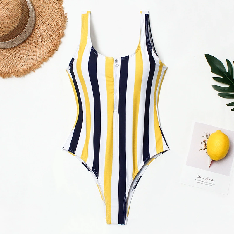 New One-Piece Swimsuit Colorblock Stripe Digital Print Front Zippered One-Piece Swimsuit 26