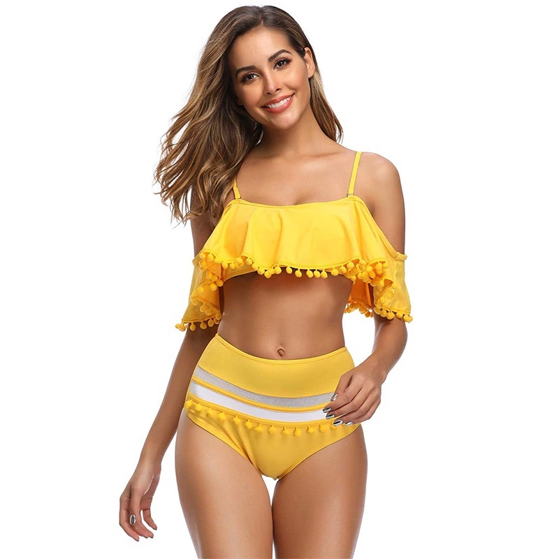 New swimsuit word shoulder multicolor fashion high waist pompon flashing lotus leaf bikini