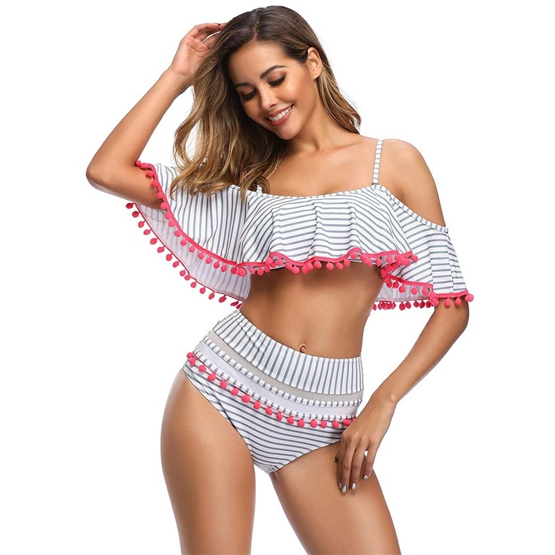 New swimsuit word shoulder multicolor fashion high waist pompon flashing lotus leaf bikini