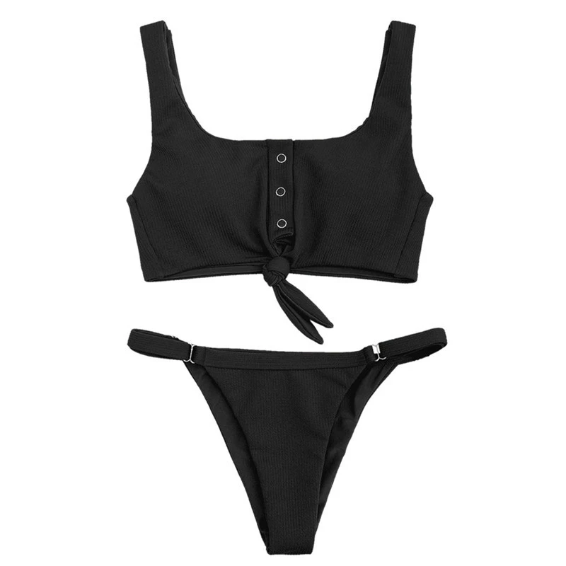 Knotted sexy v-tie buckle suit on the chest swimsuit solid color bikini