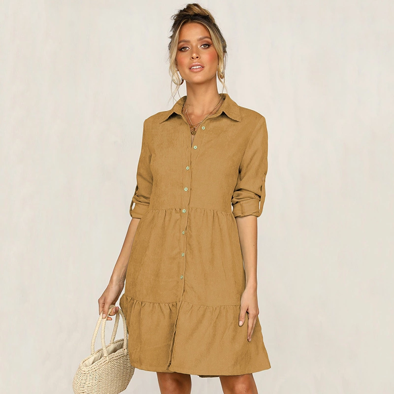 Autumn and winter big swing lapel single-breasted shirt female dress mid-sleeved solid color woven