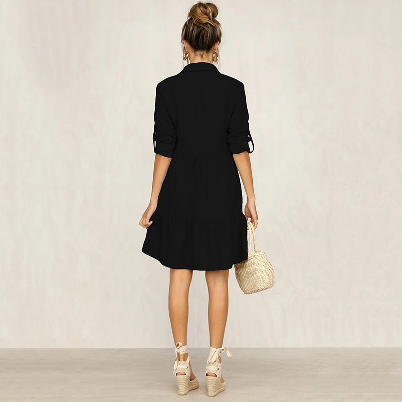 Autumn and winter big swing lapel single-breasted shirt female dress mid-sleeved solid color woven