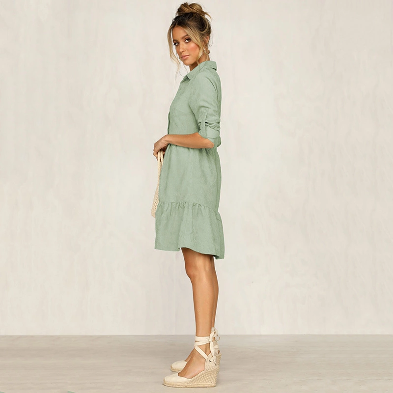 Autumn and winter big swing lapel single-breasted shirt female dress mid-sleeved solid color woven