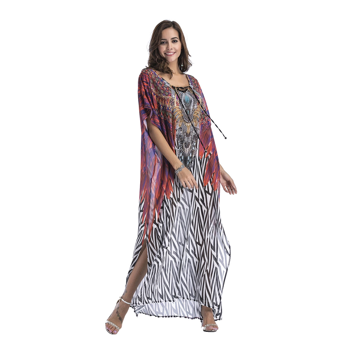 Spring chiffon beach outerwear positioning printing large size hot rhinestone women's dress