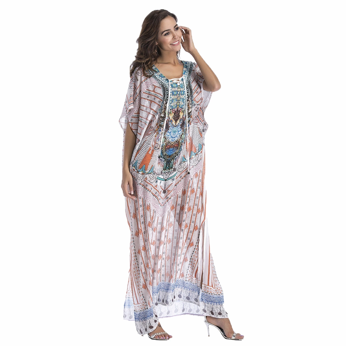 Spring chiffon beach outerwear positioning printing large size hot rhinestone women's dress