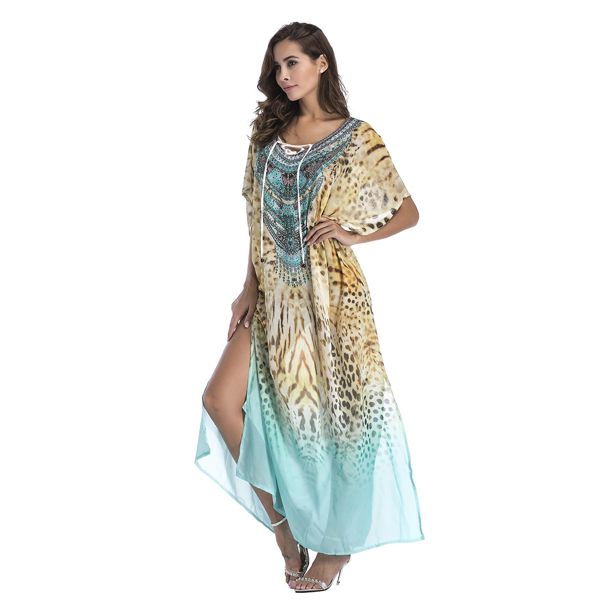 Spring chiffon beach outerwear positioning printing large size hot rhinestone women's dress