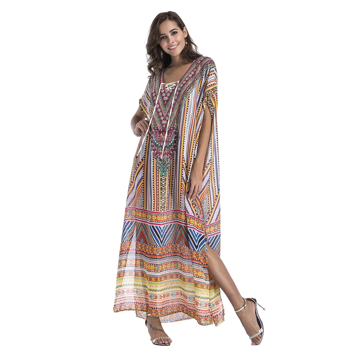 Spring chiffon beach outerwear positioning printing large size hot rhinestone women's dress