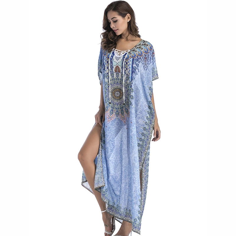 Spring chiffon beach outerwear positioning printing large size hot rhinestone women's dress