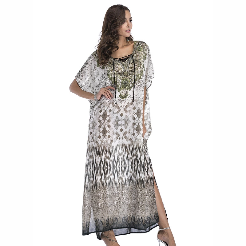 Spring chiffon beach outerwear positioning printing large size hot rhinestone women's dress