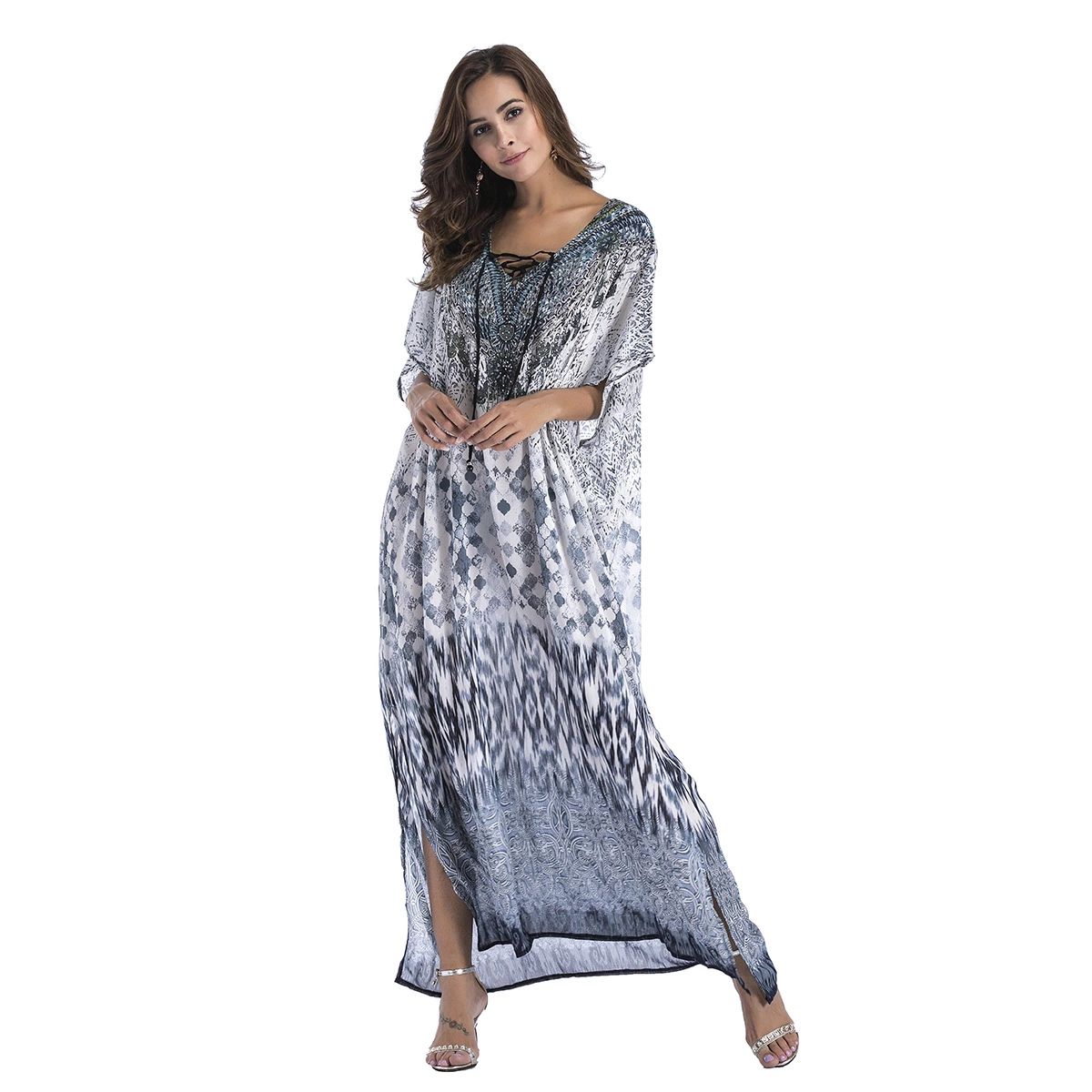Spring chiffon beach outerwear positioning printing large size hot rhinestone women's dress