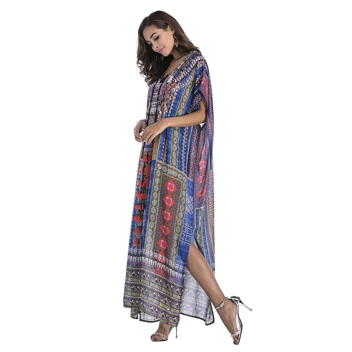 Spring chiffon beach outerwear positioning printing large size hot rhinestone women's dress