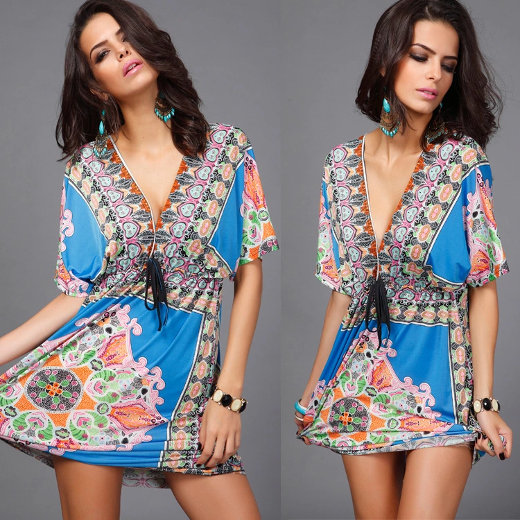Large size women's v-neck milk silk bohemian print mid-length skirt beach dress hot